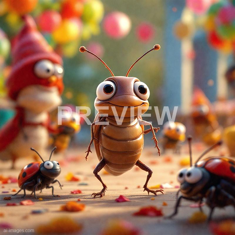 The image shows a group of animated, cartoon-like insects with exaggerated, large eyes and cheerful expressions. The central figure appears to be a friendly, anthropomorphic ant standing upright on a surface scattered with colorful flower petals, with other similar insects, possibly ladybugs and ants, surrounding it in a lively, vibrant environment. In the background, there are blurred, colorful decorations that suggest a whimsical or festive setting.